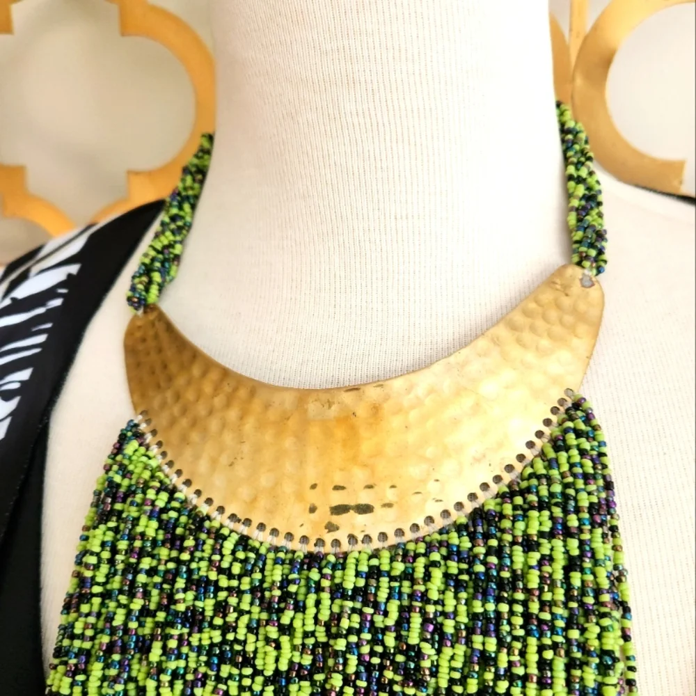 Hand Hammered Brass, Green and Blue Beaded Statement Necklace - Picture 6 of 16